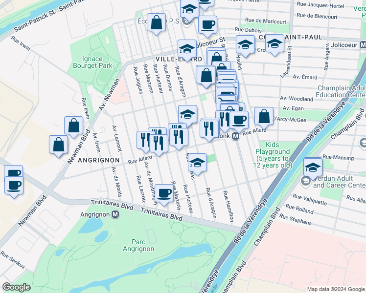 map of restaurants, bars, coffee shops, grocery stores, and more near 2811 Rue Allard in Montréal