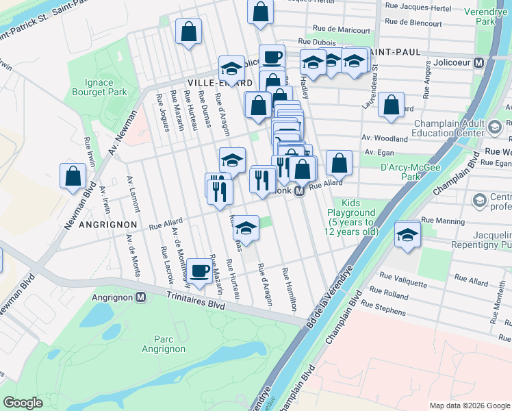 map of restaurants, bars, coffee shops, grocery stores, and more near 2640 Rue Allard in Montréal