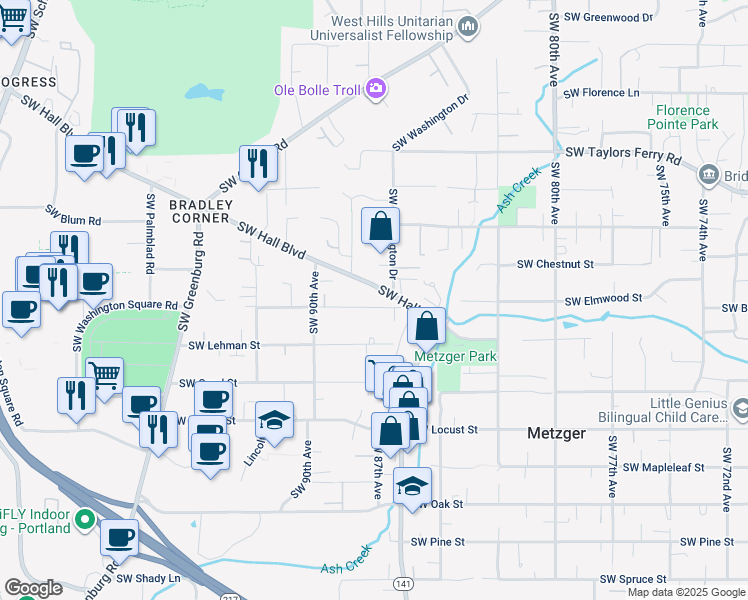 map of restaurants, bars, coffee shops, grocery stores, and more near 8806 Southwest Borders Street in Portland