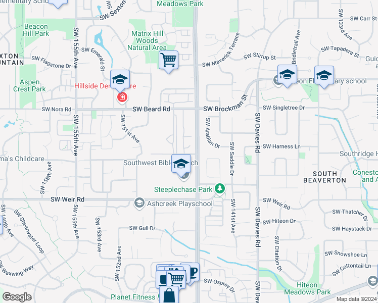 map of restaurants, bars, coffee shops, grocery stores, and more near 9822 Southwest Dapplegrey Loop in Beaverton