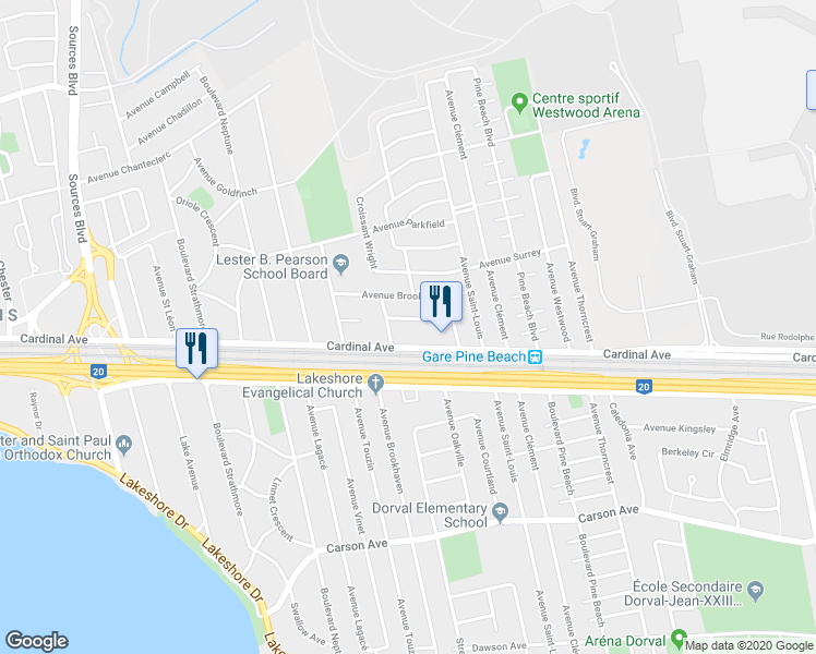 map of restaurants, bars, coffee shops, grocery stores, and more near 1820 Avenue Pinewood in Dorval