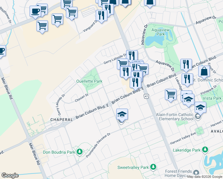 map of restaurants, bars, coffee shops, grocery stores, and more near 505 Rochefort Circle in Ottawa