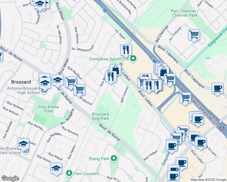 map of restaurants, bars, coffee shops, grocery stores, and more near Rue Lautrec in Brossard