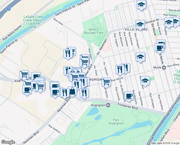 map of restaurants, bars, coffee shops, grocery stores, and more near 6780 Newman Boulevard in Montreal