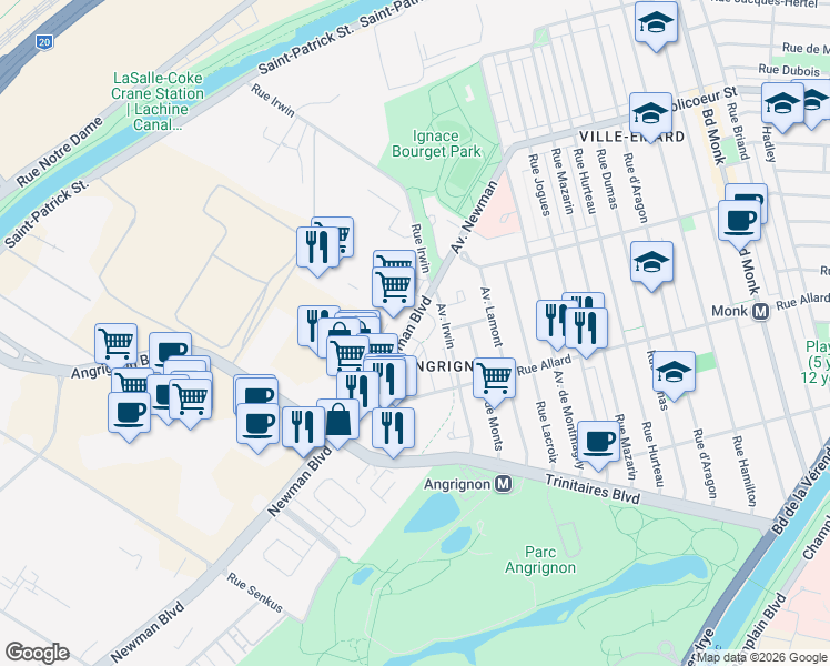 map of restaurants, bars, coffee shops, grocery stores, and more near 6780 Boulevard Newman in Montréal