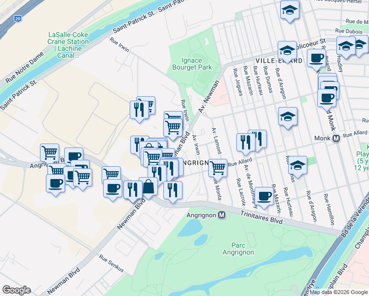 map of restaurants, bars, coffee shops, grocery stores, and more near 6780 Newman Boulevard in Montreal