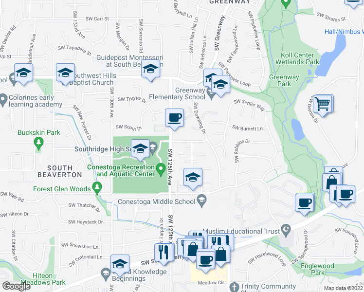 map of restaurants, bars, coffee shops, grocery stores, and more near 12400 Southwest Longhorn Lane in Beaverton