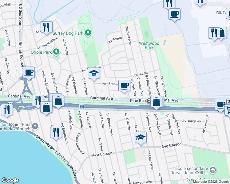 map of restaurants, bars, coffee shops, grocery stores, and more near 1820 Avenue Pinewood in Dorval