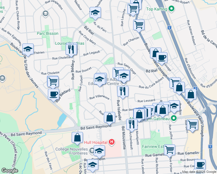 map of restaurants, bars, coffee shops, grocery stores, and more near 37 Rue Brady in Gatineau