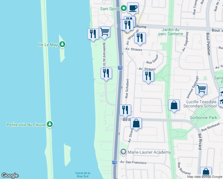 map of restaurants, bars, coffee shops, grocery stores, and more near 8255 Boulevard du Saint Laurent in Brossard