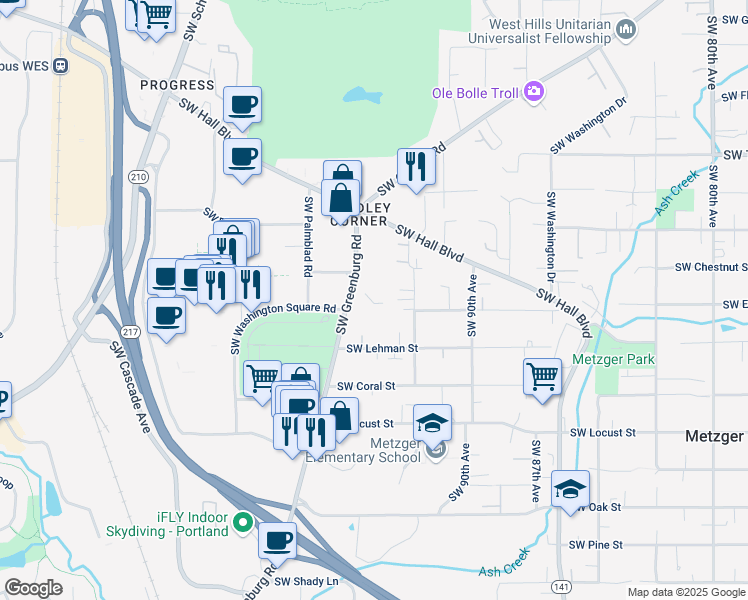 map of restaurants, bars, coffee shops, grocery stores, and more near 9640 Southwest Greenburg Road in Portland