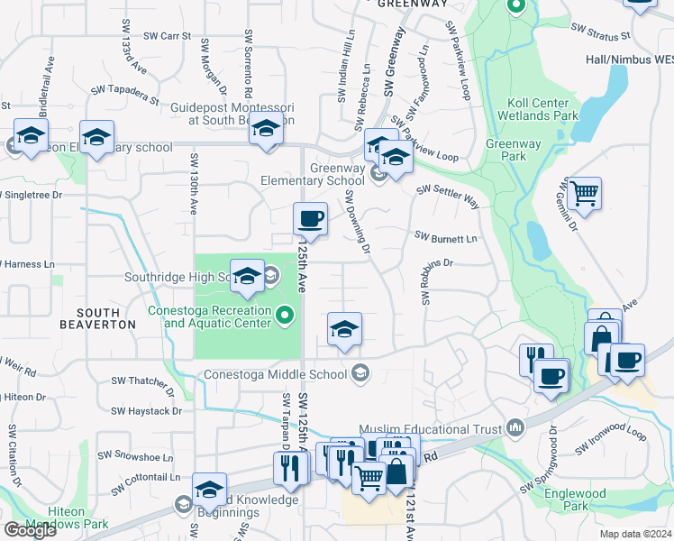 map of restaurants, bars, coffee shops, grocery stores, and more near 9660 Southwest Prairie Terrace in Beaverton