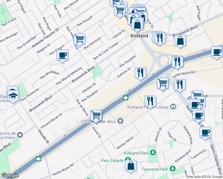 map of restaurants, bars, coffee shops, grocery stores, and more near 62 Rue Daudelin in Kirkland