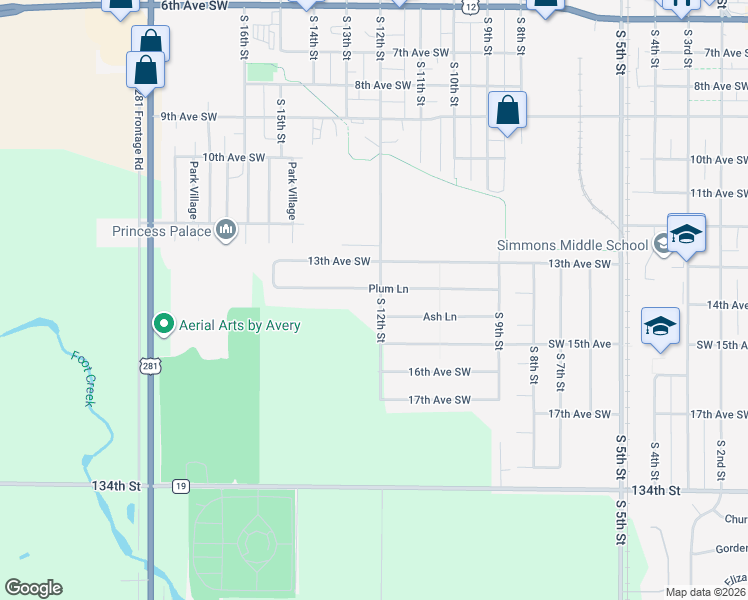 map of restaurants, bars, coffee shops, grocery stores, and more near S 12th St in Aberdeen