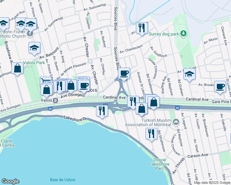 map of restaurants, bars, coffee shops, grocery stores, and more near 8 Avenue Donegani in Pointe-Claire