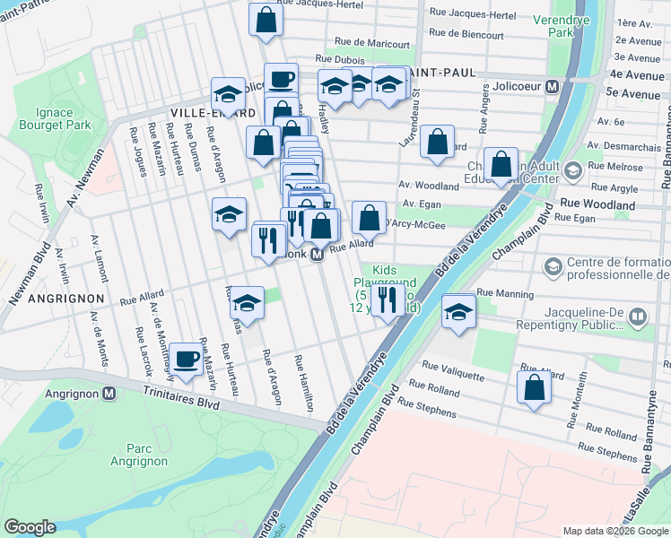 map of restaurants, bars, coffee shops, grocery stores, and more near 6845 Rue Briand in Montréal