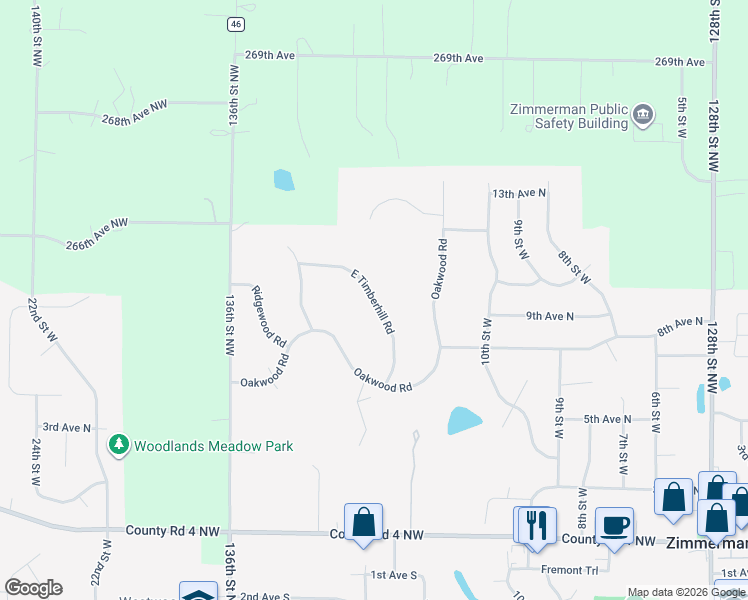 map of restaurants, bars, coffee shops, grocery stores, and more near 26450 East Timberhill Road in Zimmerman