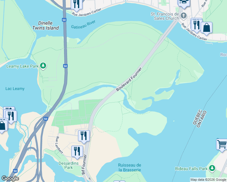 map of restaurants, bars, coffee shops, grocery stores, and more near Boulevard Fournier in Gatineau