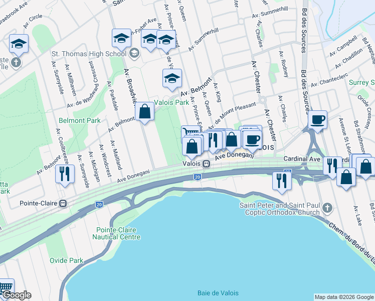map of restaurants, bars, coffee shops, grocery stores, and more near 26 Avenue de la Baie de Valois in Pointe-Claire