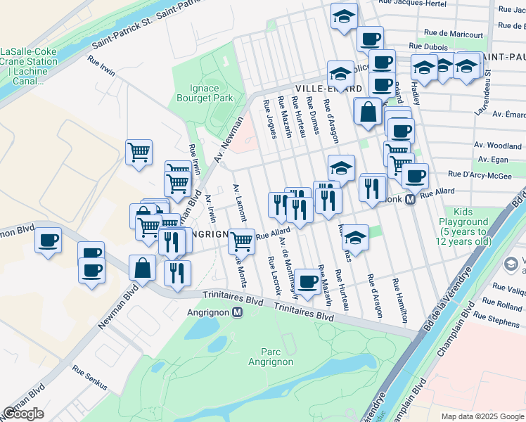 map of restaurants, bars, coffee shops, grocery stores, and more near 6654 Rue Lacroix in Montréal