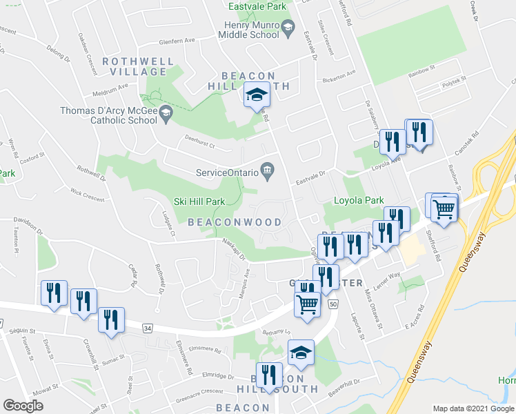 map of restaurants, bars, coffee shops, grocery stores, and more near 1440 Lassiter Terrace in Ottawa