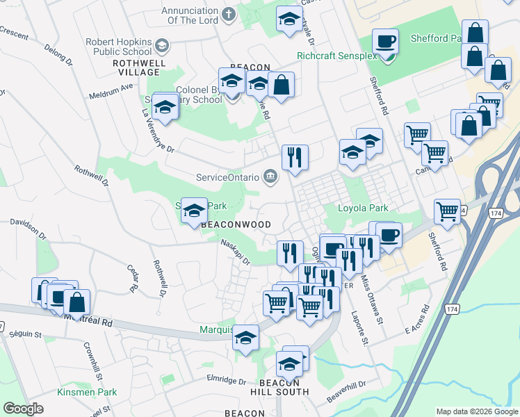 map of restaurants, bars, coffee shops, grocery stores, and more near 1500 Lassiter Terrace in Ottawa