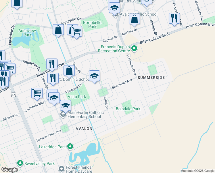 map of restaurants, bars, coffee shops, grocery stores, and more near 2341 Esprit Drive in Ottawa