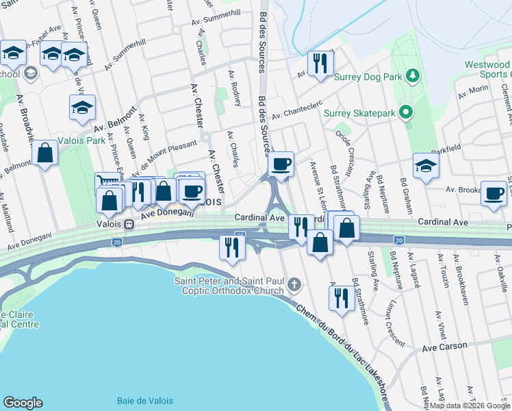 map of restaurants, bars, coffee shops, grocery stores, and more near 8 Avenue Donegani in Pointe-Claire