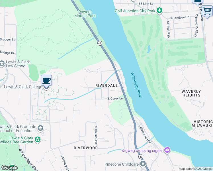 map of restaurants, bars, coffee shops, grocery stores, and more near 1734 South Riverdale Road in Portland