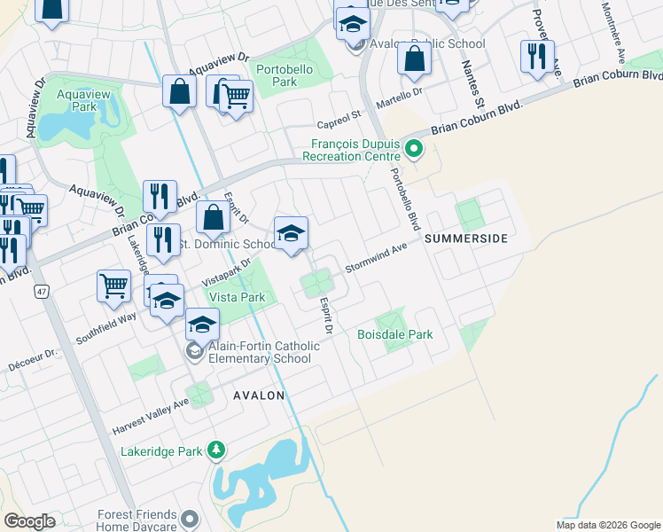 map of restaurants, bars, coffee shops, grocery stores, and more near 2341 Esprit Drive in Ottawa