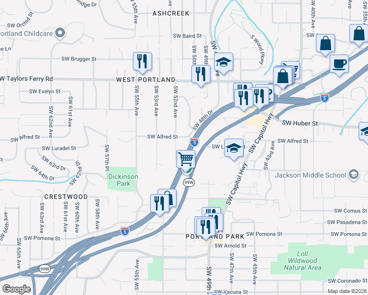 map of restaurants, bars, coffee shops, grocery stores, and more near 10446 Southwest 52nd Avenue in Portland