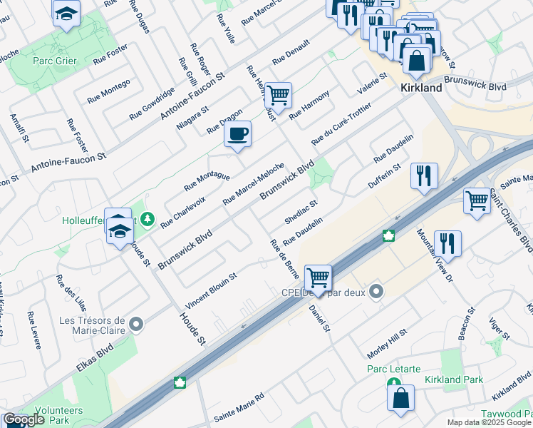 map of restaurants, bars, coffee shops, grocery stores, and more near 4 Rue de Shediac in Kirkland