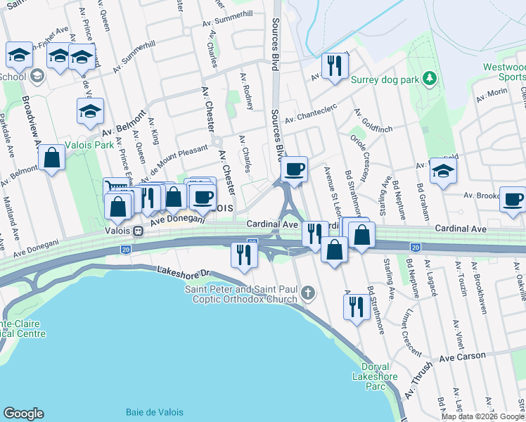 map of restaurants, bars, coffee shops, grocery stores, and more near 8 Avenue Donegani in Pointe-Claire