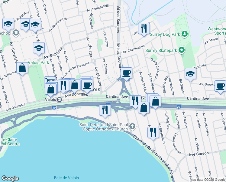 map of restaurants, bars, coffee shops, grocery stores, and more near 10 Avenue Donegani in Montreal