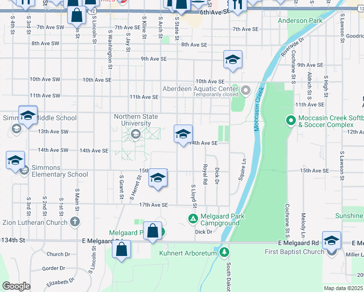 map of restaurants, bars, coffee shops, grocery stores, and more near 612 14th Avenue Southeast in Aberdeen