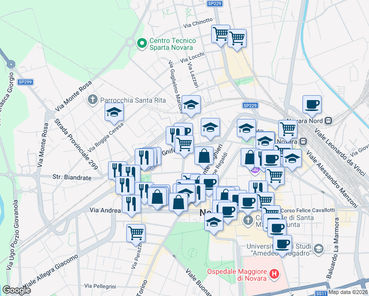 map of restaurants, bars, coffee shops, grocery stores, and more near 14 Via Guglielmo Marconi in Novara