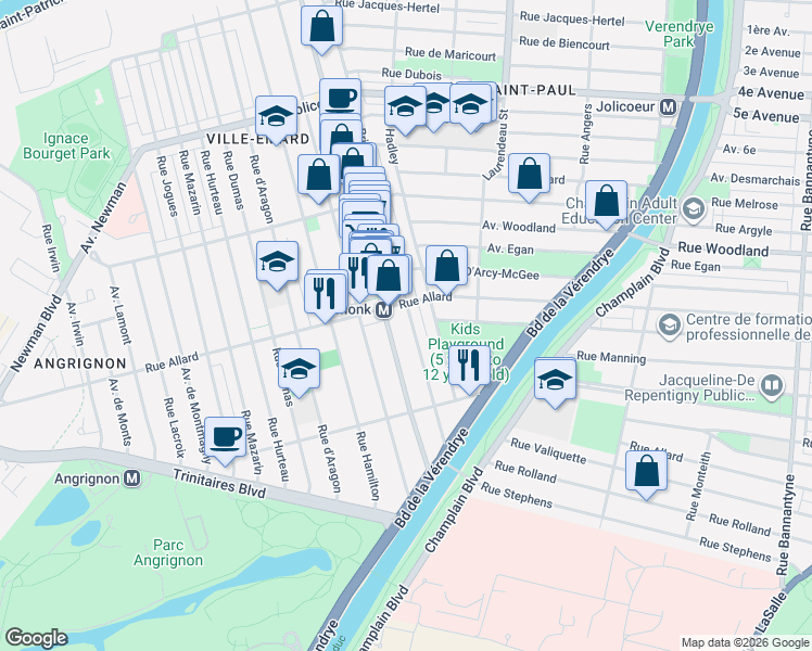 map of restaurants, bars, coffee shops, grocery stores, and more near 6845 Rue Briand in Montréal