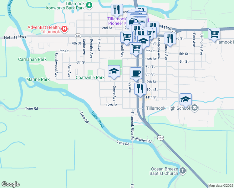 map of restaurants, bars, coffee shops, grocery stores, and more near 1110 Grove Avenue in Tillamook