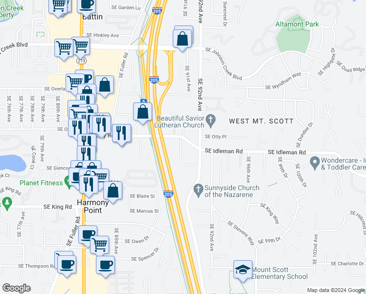 map of restaurants, bars, coffee shops, grocery stores, and more near 9978 Southeast Old Town Court in Happy Valley