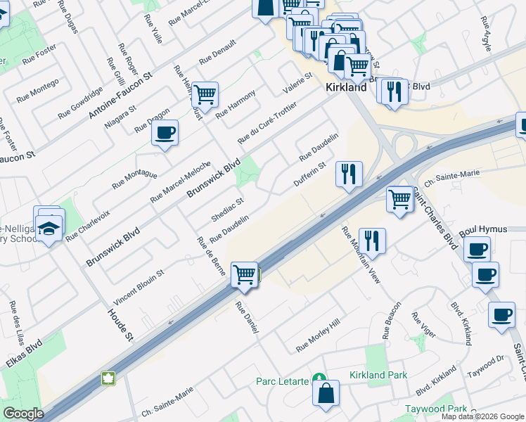 map of restaurants, bars, coffee shops, grocery stores, and more near 64 Rue Daudelin in Kirkland