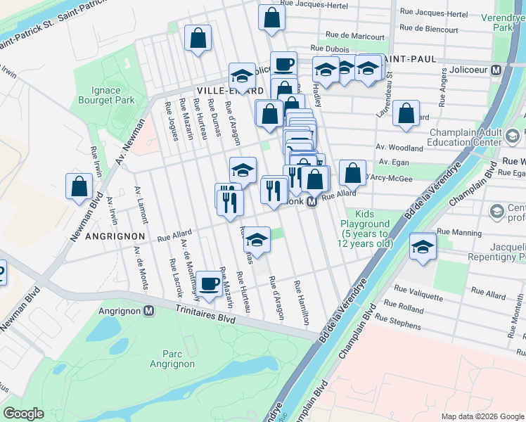 map of restaurants, bars, coffee shops, grocery stores, and more near 2663 Rue Allard in Montréal