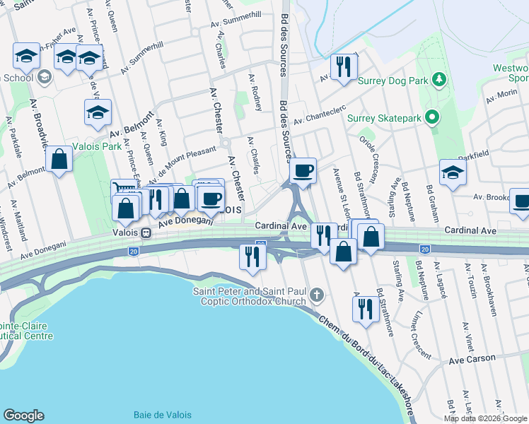 map of restaurants, bars, coffee shops, grocery stores, and more near 6 Avenue Donegani in Pointe-Claire