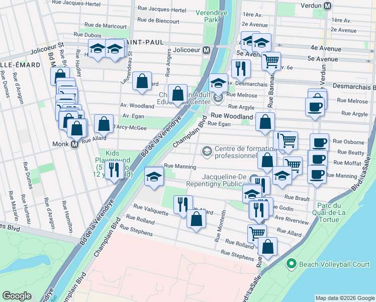 map of restaurants, bars, coffee shops, grocery stores, and more near 1317 Rue Moffat in Montréal
