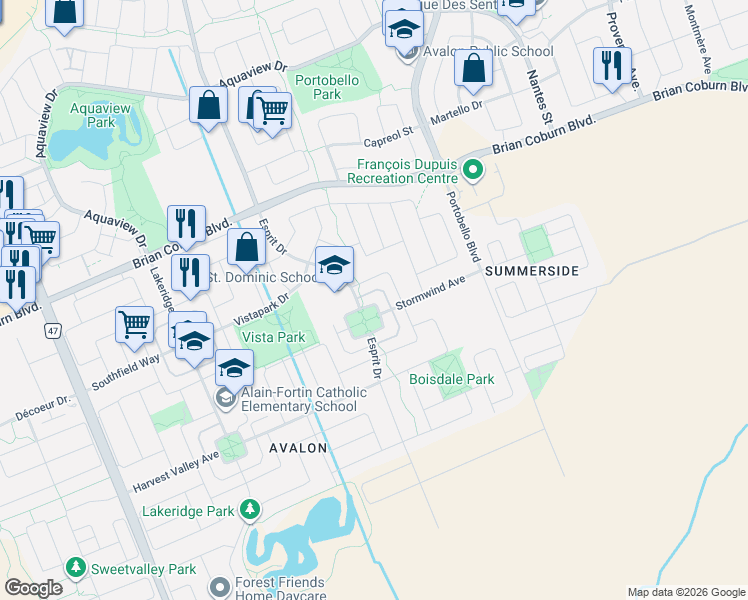 map of restaurants, bars, coffee shops, grocery stores, and more near 2333 Esprit Drive in Ottawa