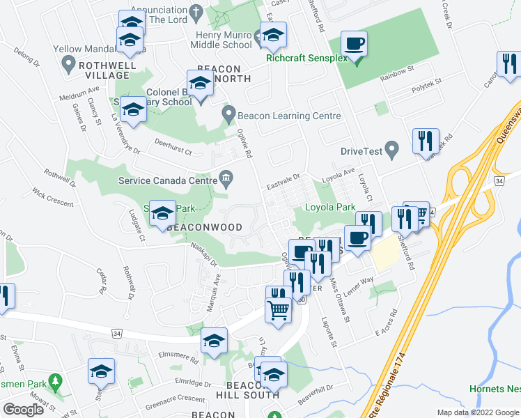 map of restaurants, bars, coffee shops, grocery stores, and more near 1601 Locksley Lane in Ottawa
