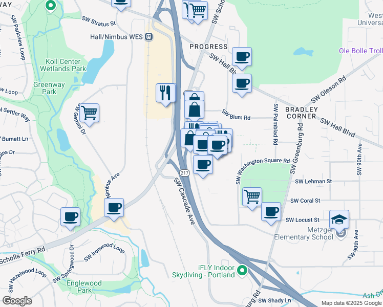 map of restaurants, bars, coffee shops, grocery stores, and more near 9500 Southwest Washington Square Road in Portland