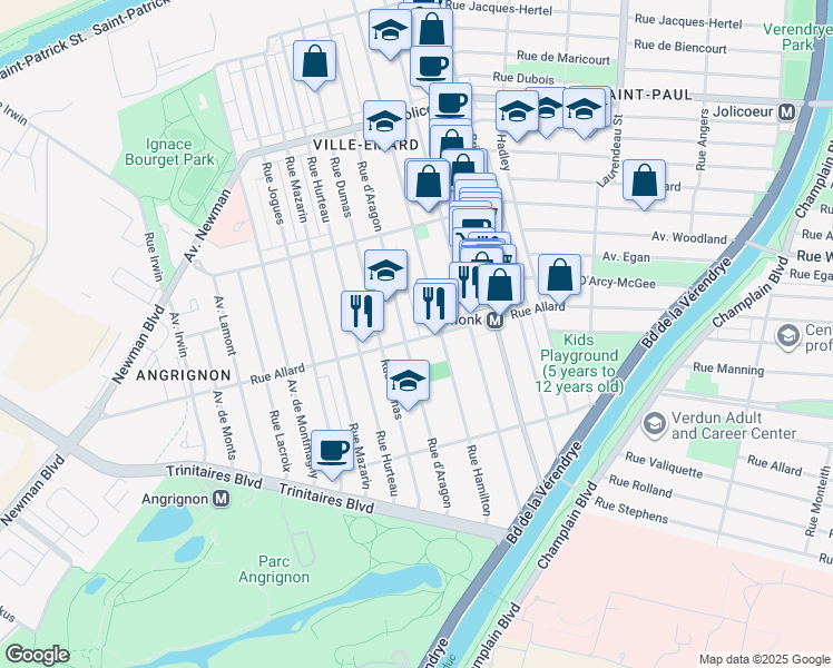 map of restaurants, bars, coffee shops, grocery stores, and more near 2663 Rue Allard in Montréal