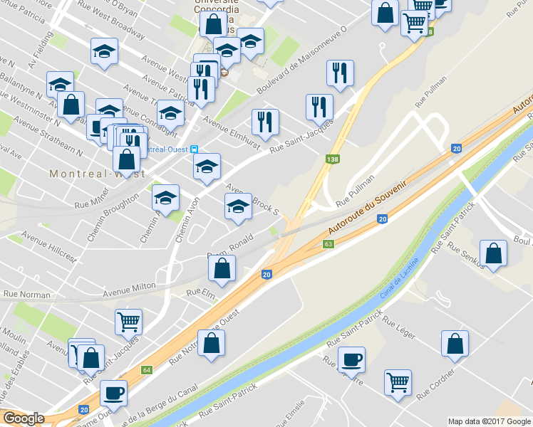 map of restaurants, bars, coffee shops, grocery stores, and more near 4 Prom Courtney in Montreal West