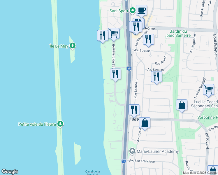 map of restaurants, bars, coffee shops, grocery stores, and more near 8200 Boulevard du Saint Laurent in Brossard