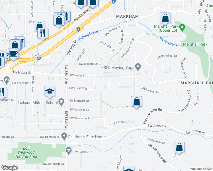 map of restaurants, bars, coffee shops, grocery stores, and more near 2952 Southwest Huber Street in Portland
